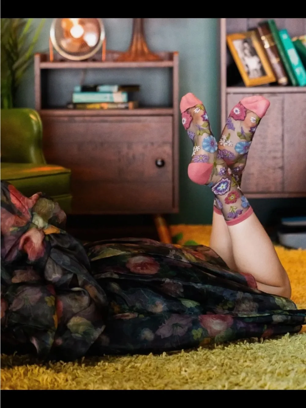 Sock Candy Dark Florals Black Sheer Crew Sock. Price firm.